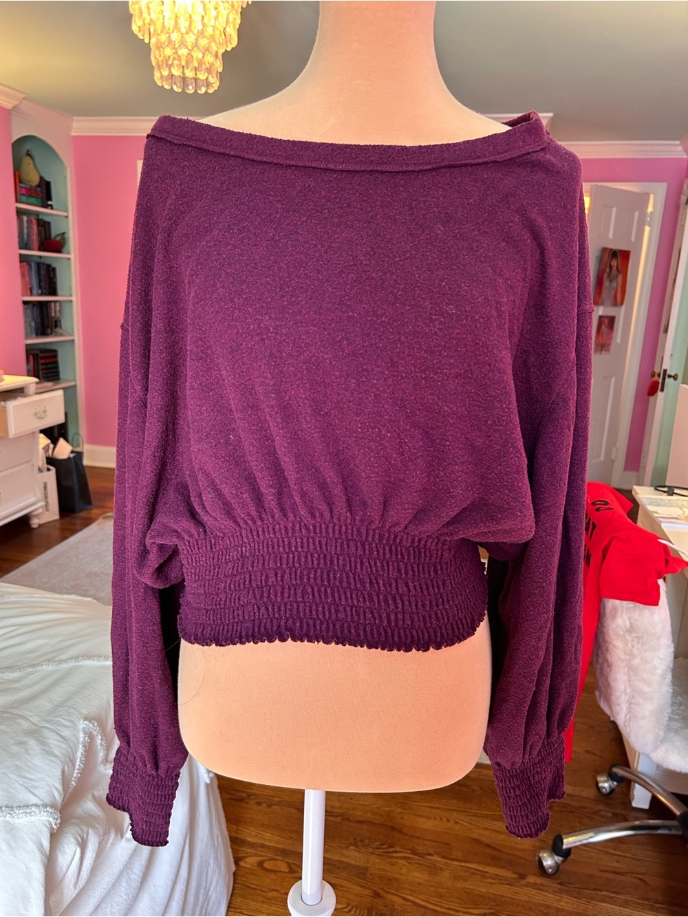 Free People Deep Plum Off-Shoulder Smocked Waist Sweater